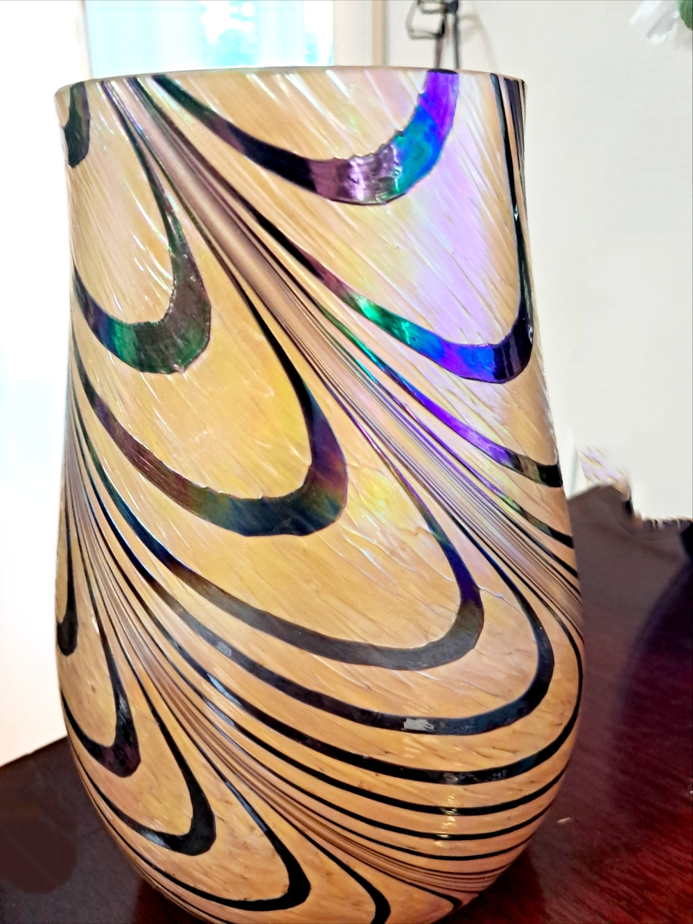 Vintage Telaflora idescent Swirl Glass Vase - Beige with Purple Accents